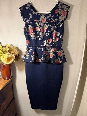 Enfocus Studio Navy Pencil Skirt with Pink Floral Peplum